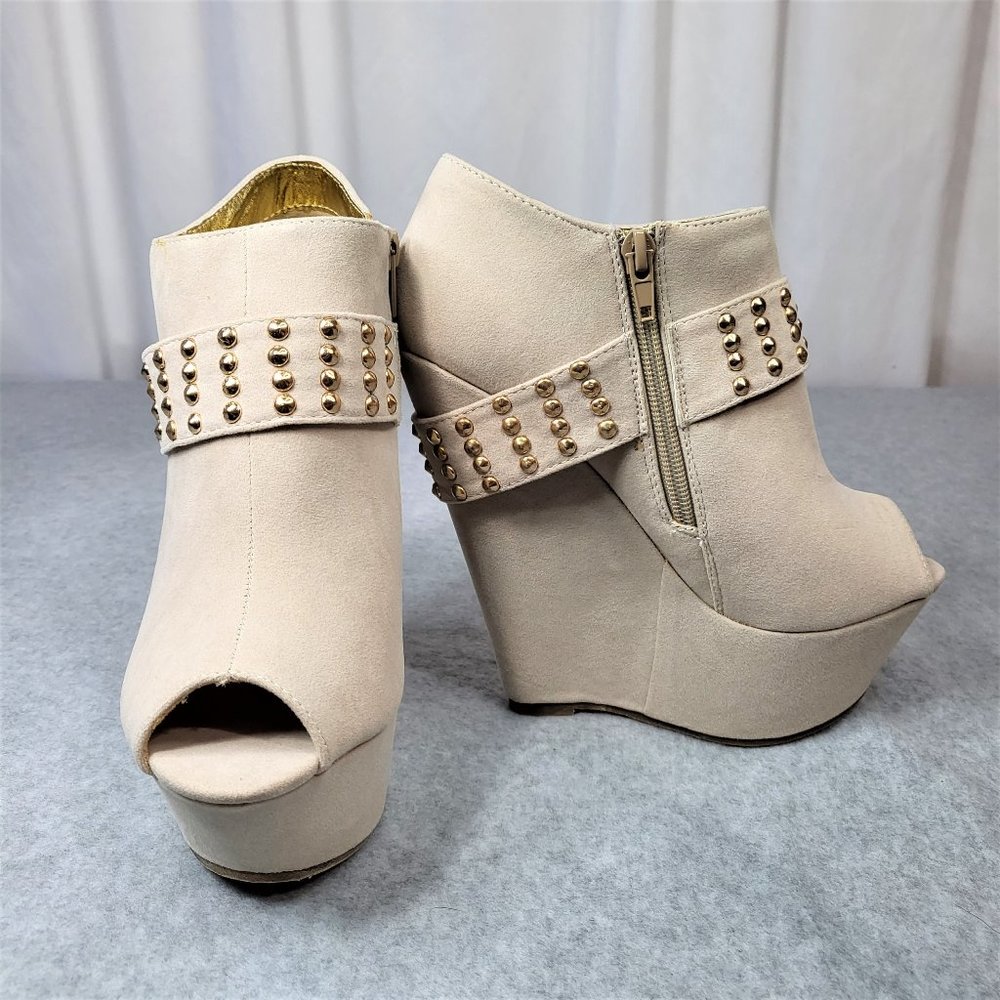 * Mona Mia Nude With Gold Studs Faux Leather Wedge Booty - Picture 7 of 15